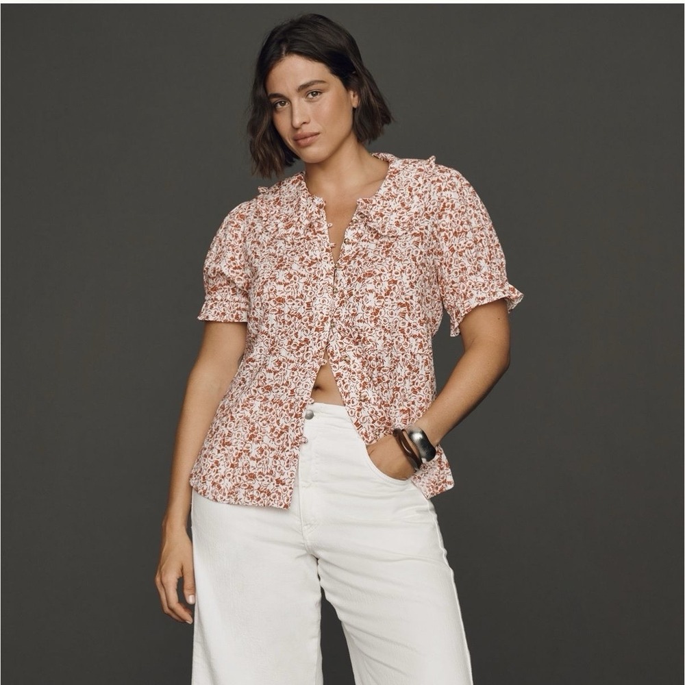Anthropologie Pilcro Keira Blouse Red Peter Pan Collar Puff Sleeve Women L